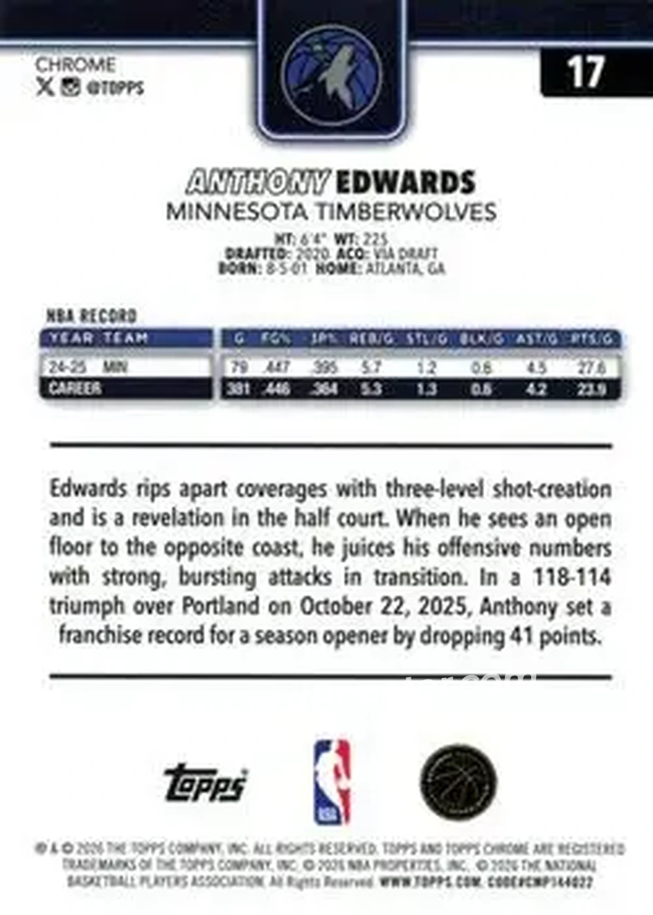 2025-26 Topps Chrome Update #17 - Anthony Edwards - Minnesota Timberwolves - Back