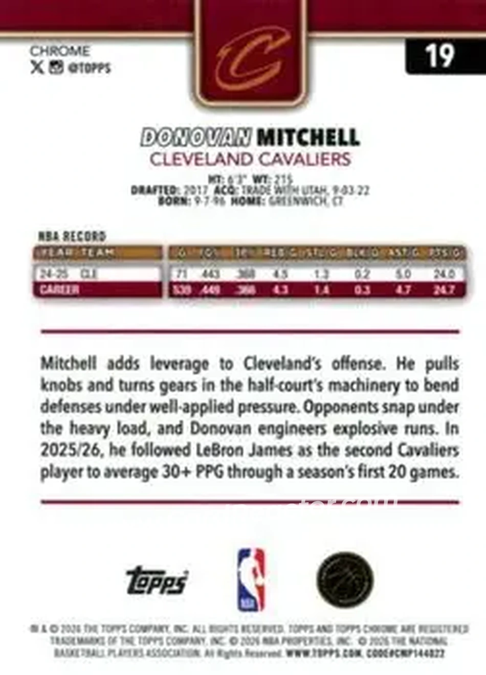 2025-26 Topps Chrome Update #19 - Donovan Mitchell - Cleveland Cavaliers - Back