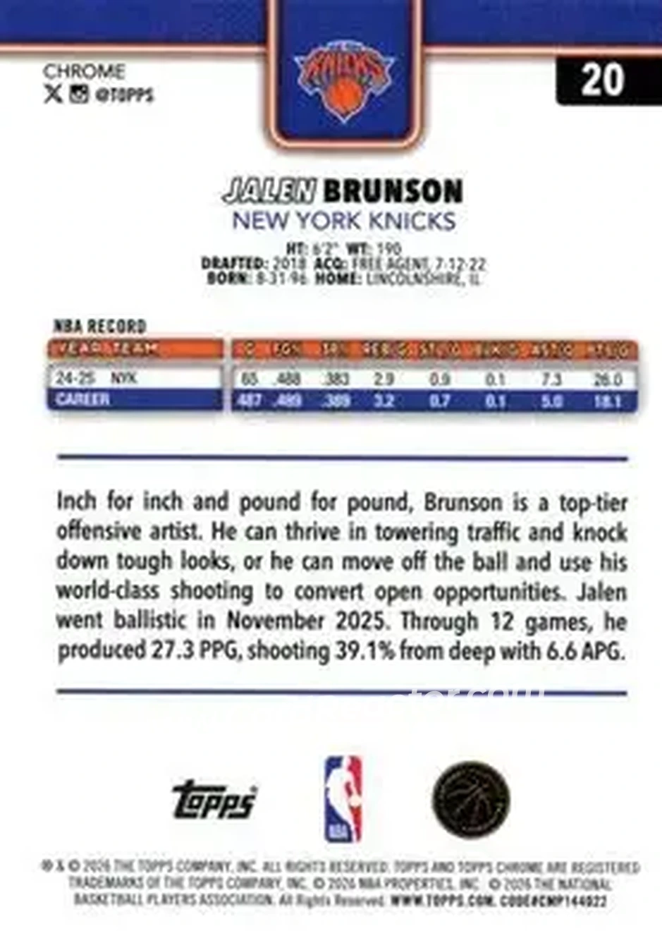 2025-26 Topps Chrome Update #20 - Jalen Brunson - New York Knicks - Back