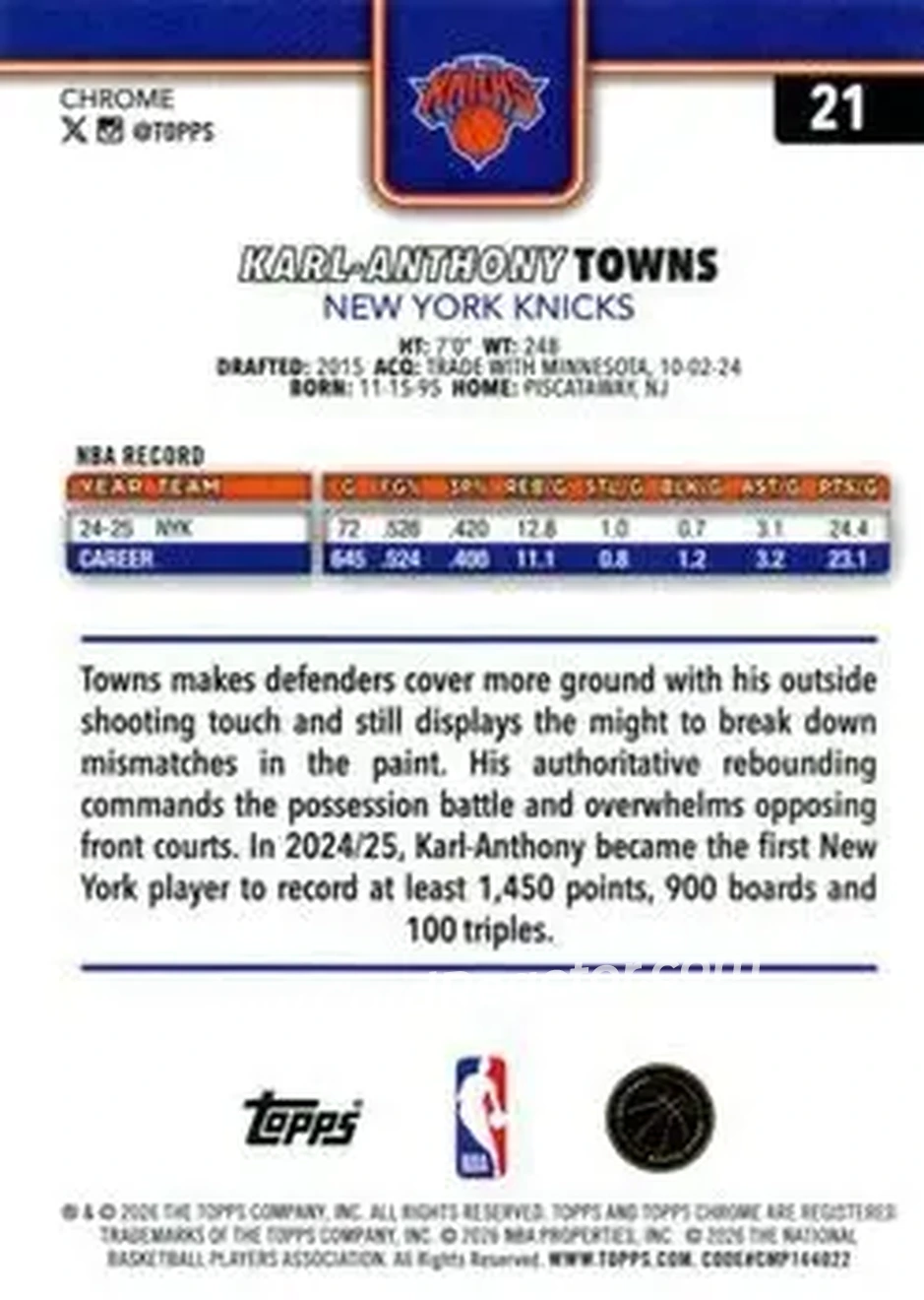 2025-26 Topps Chrome Update #21 - Karl-Anthony Towns - New York Knicks - Back 2025-26 Topps Chrome Update #21 - Karl-Anthony Towns - New York Knicks - Back