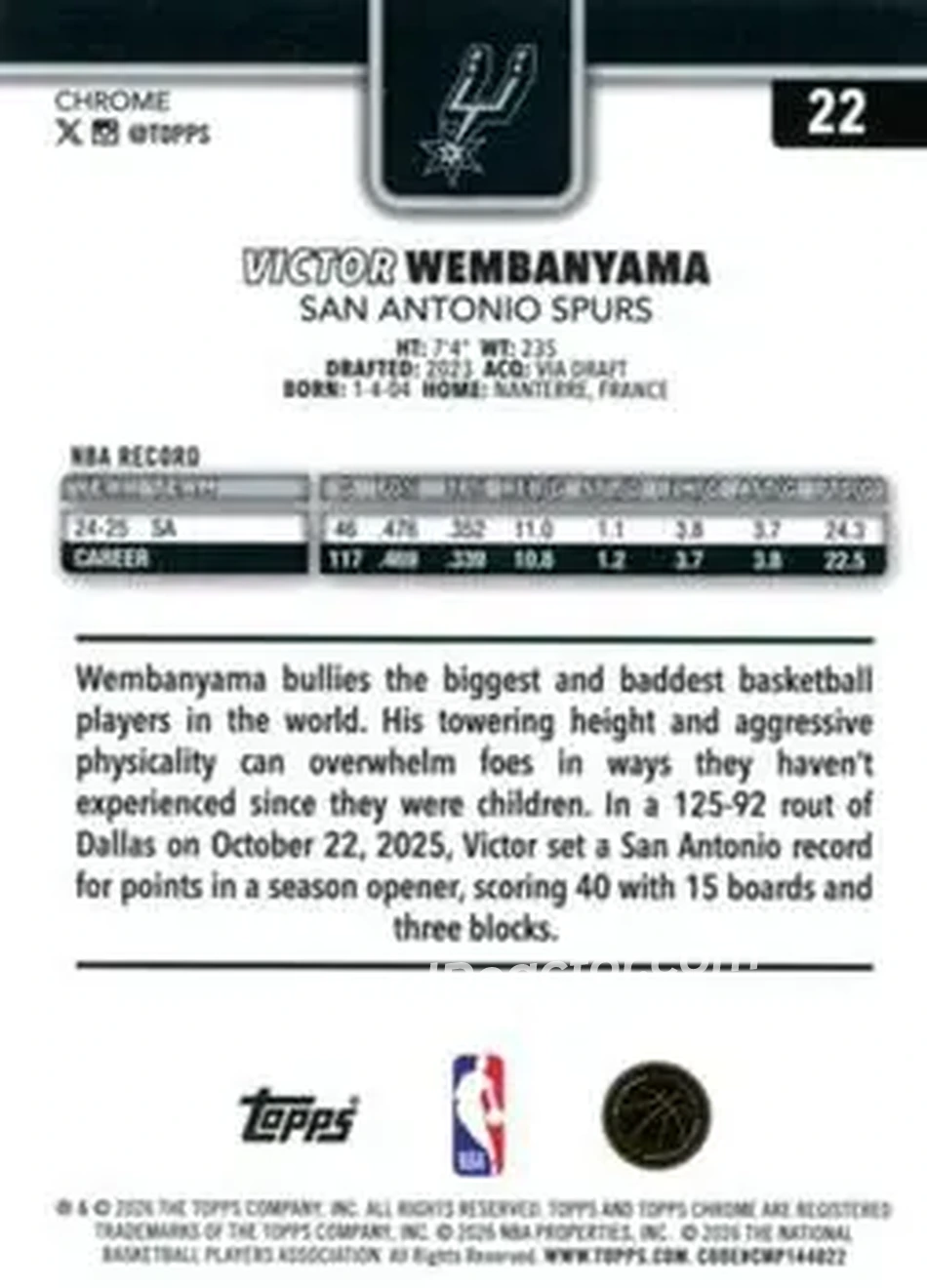 2025-26 Topps Chrome Update #22 - Victor Wembanyama - San Antonio Spurs - Back
