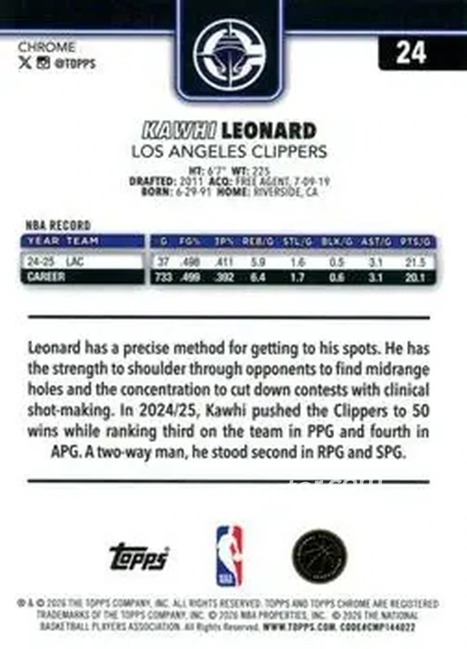 2025-26 Topps Chrome Update #24 - Kawhi Leonard - Los Angeles Clippers - Back