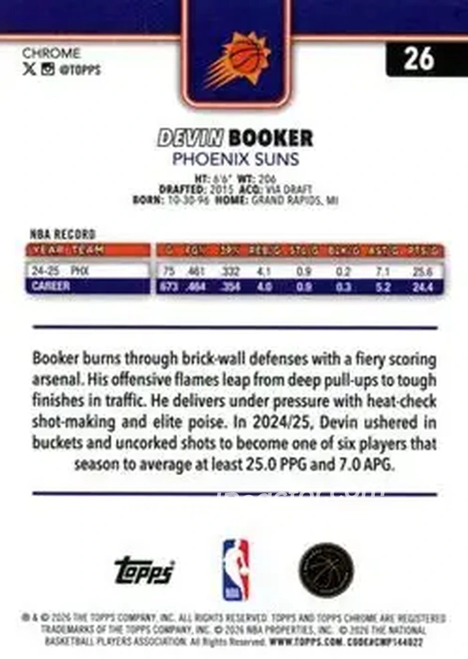2025-26 Topps Chrome Update #26 - Devin Booker - Phoenix Suns - Back