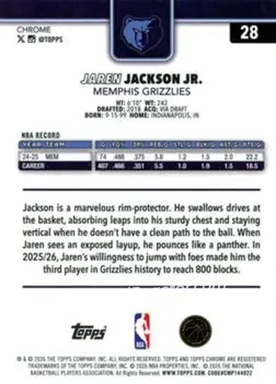 2025-26 Topps Chrome Update #28 - Jaren Jackson Jr. - Memphis Grizzlies - Back