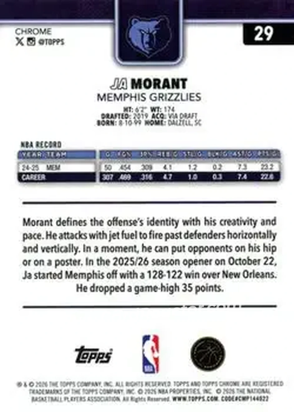 2025-26 Topps Chrome Update #29 - Ja Morant - Memphis Grizzlies - Back