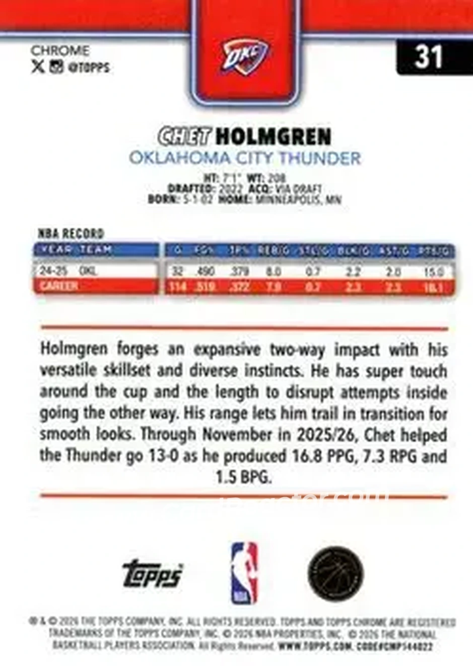 2025-26 Topps Chrome Update #31 - Chet Holmgren - Oklahoma City Thunder - Back
