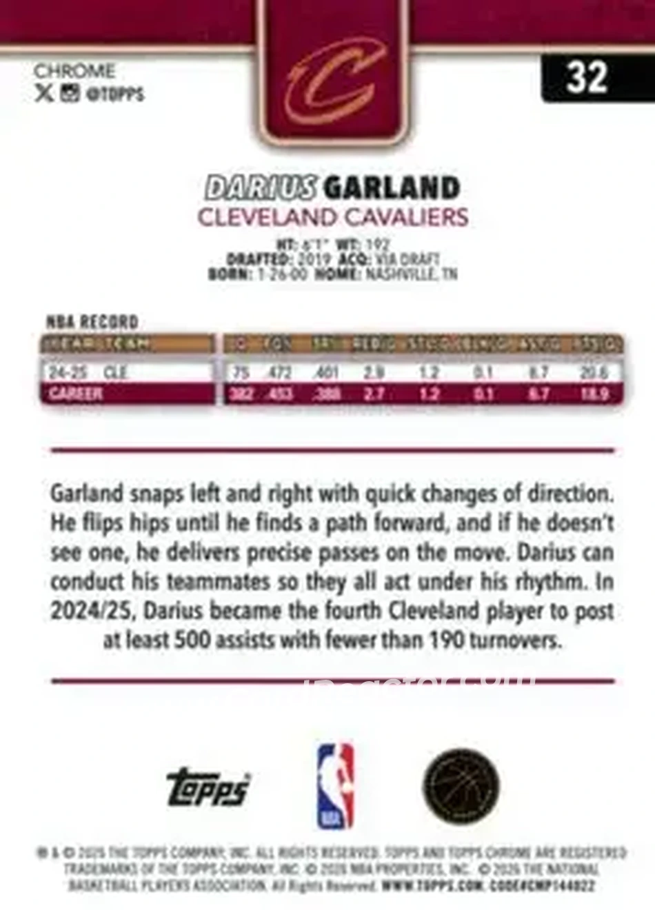 2025-26 Topps Chrome Update #32 - Darius Garland - Cleveland Cavaliers - Back