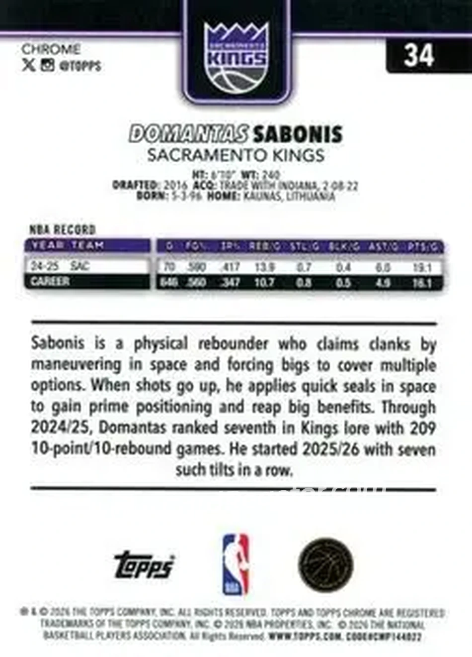2025-26 Topps Chrome Update #34 - Domantas Sabonis - Sacramento Kings - Back 2025-26 Topps Chrome Update #34 - Domantas Sabonis - Sacramento Kings - Back