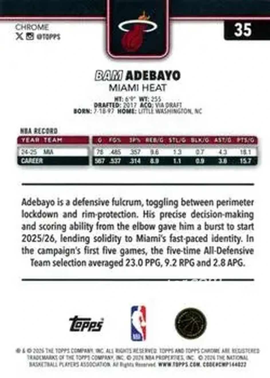2025-26 Topps Chrome Update #35 - Bam Adebayo - Miami Heat - Back