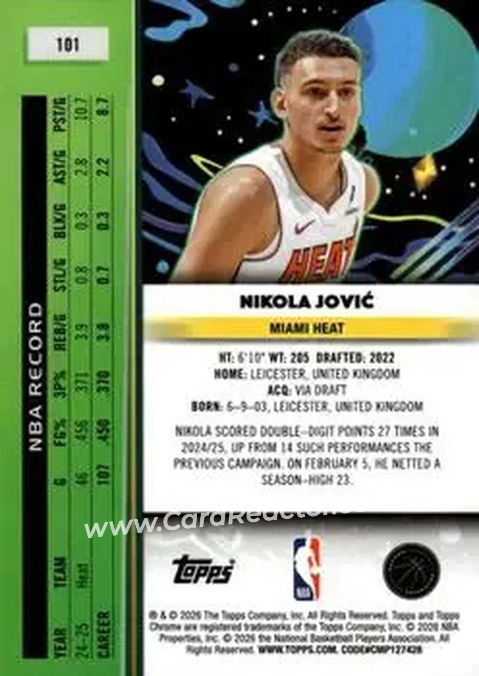 2025-26 Topps Chrome Cosmic #101 - Nikola Jović - Miami Heat - Back