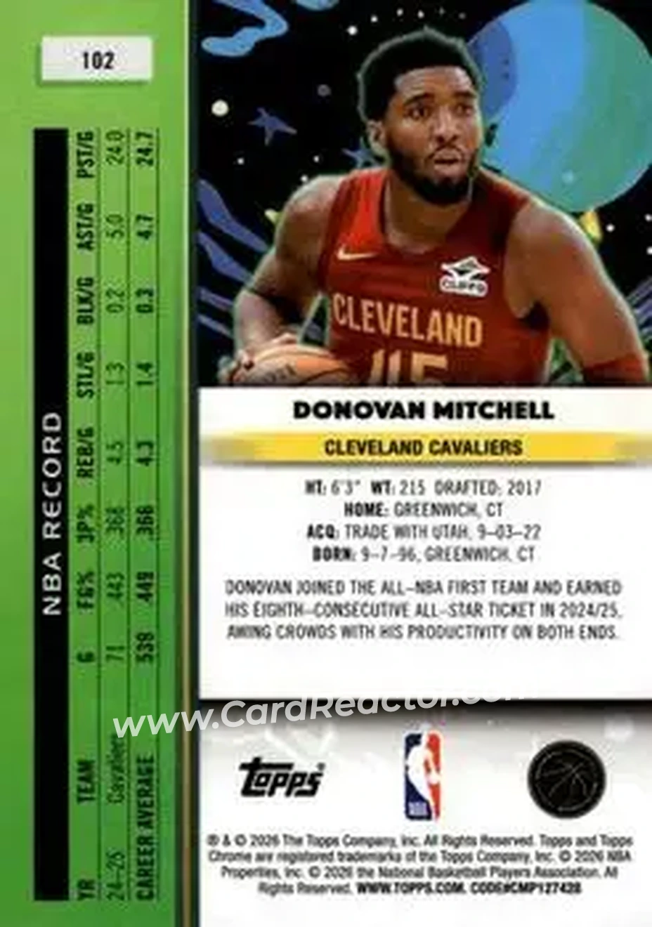 2025-26 Topps Chrome Cosmic #102 - Donovan Mitchell - Cleveland Cavaliers - Back 2025-26 Topps Chrome Cosmic #102 - Donovan Mitchell - Cleveland Cavaliers - Back