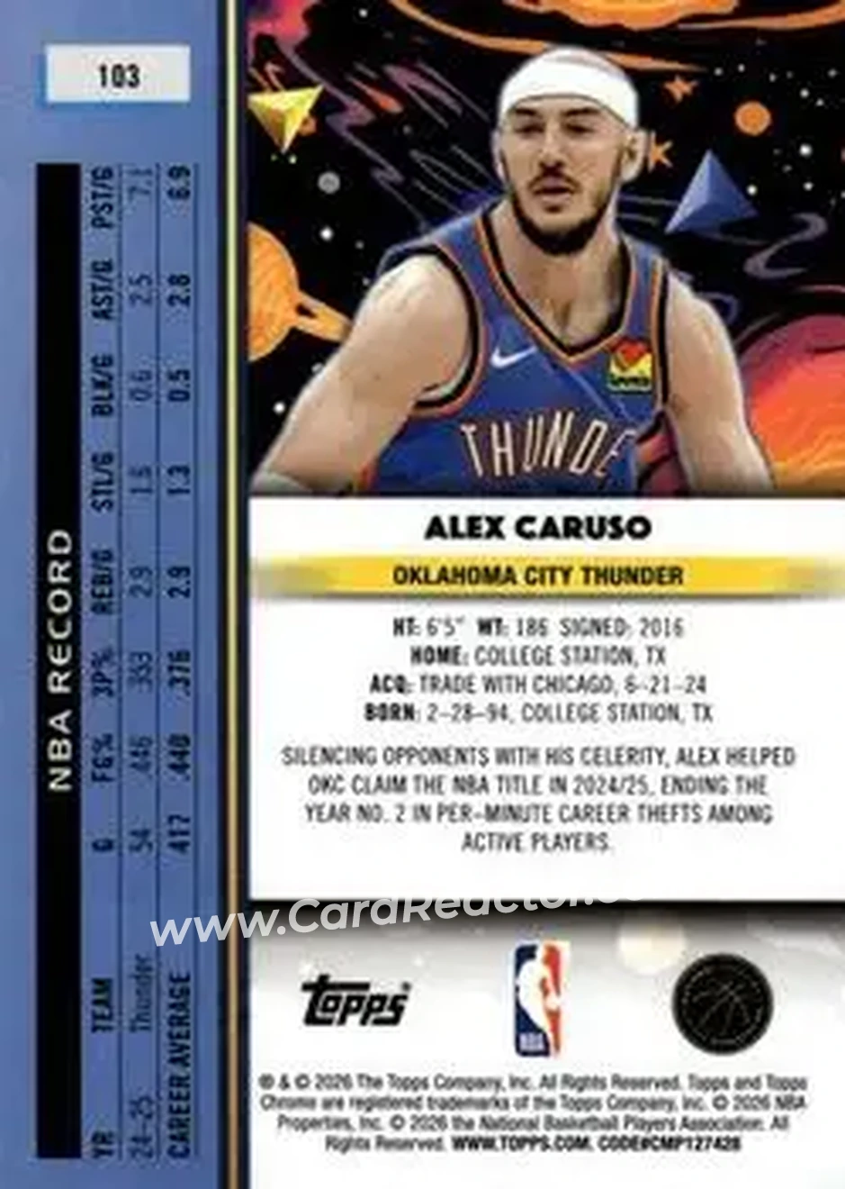 2025-26 Topps Chrome Cosmic #103 - Alex Caruso - Oklahoma City Thunder - Back