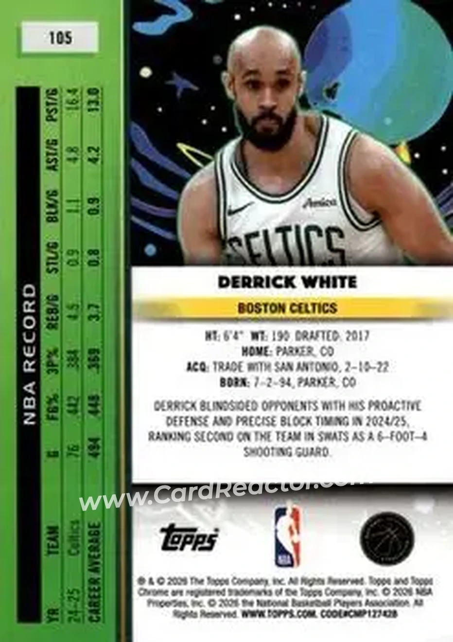 2025-26 Topps Chrome Cosmic #105 - Derrick White - Boston Celtics - Back