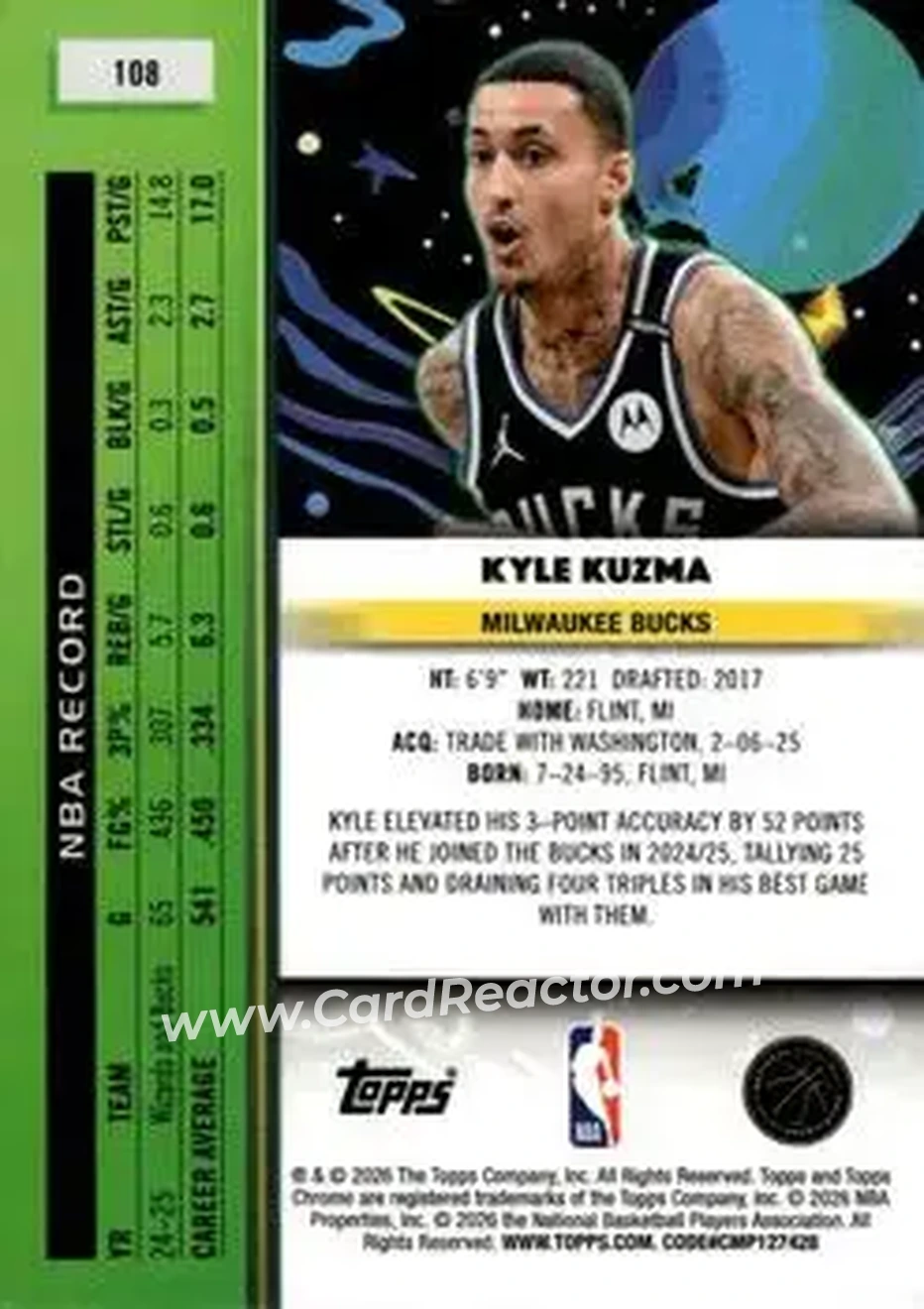 2025-26 Topps Chrome Cosmic #108 - Kyle Kuzma - Milwaukee Bucks - Back