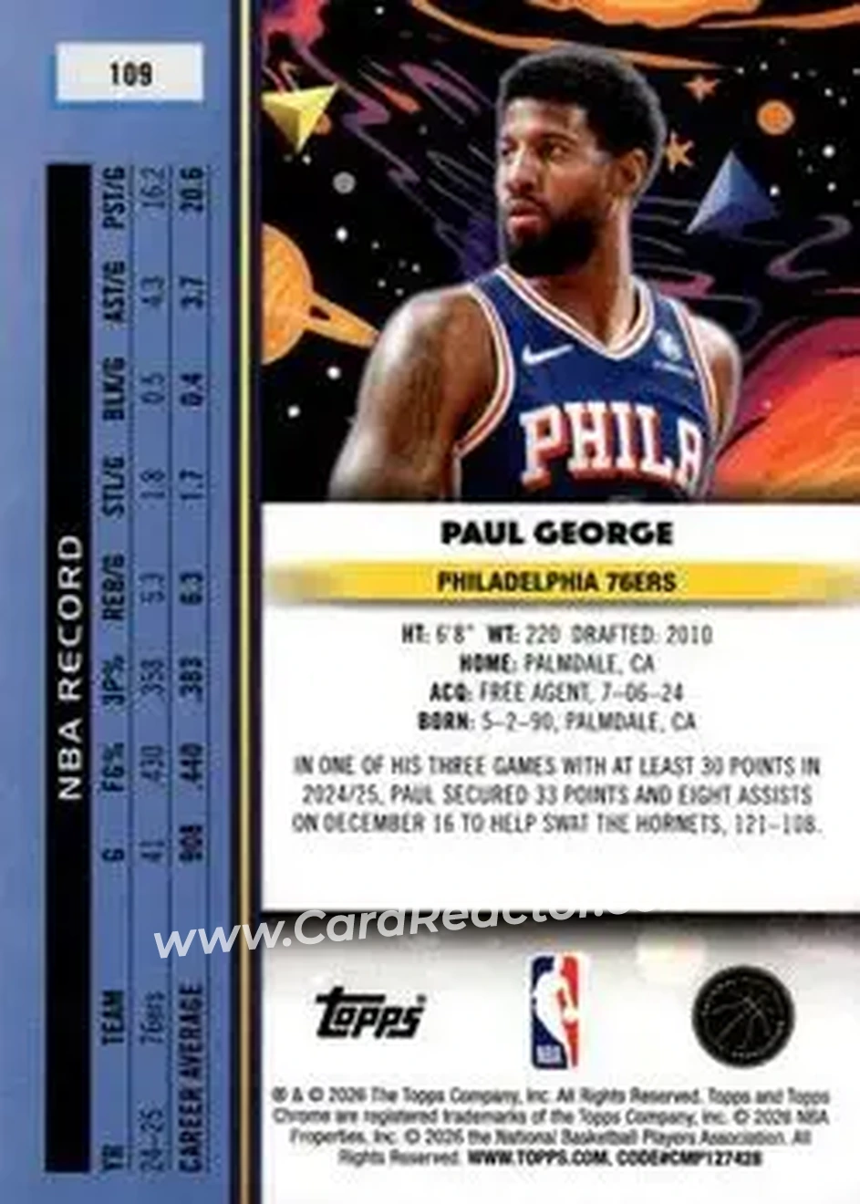 2025-26 Topps Chrome Cosmic #109 - Paul George - Philadelphia 76ers - Back