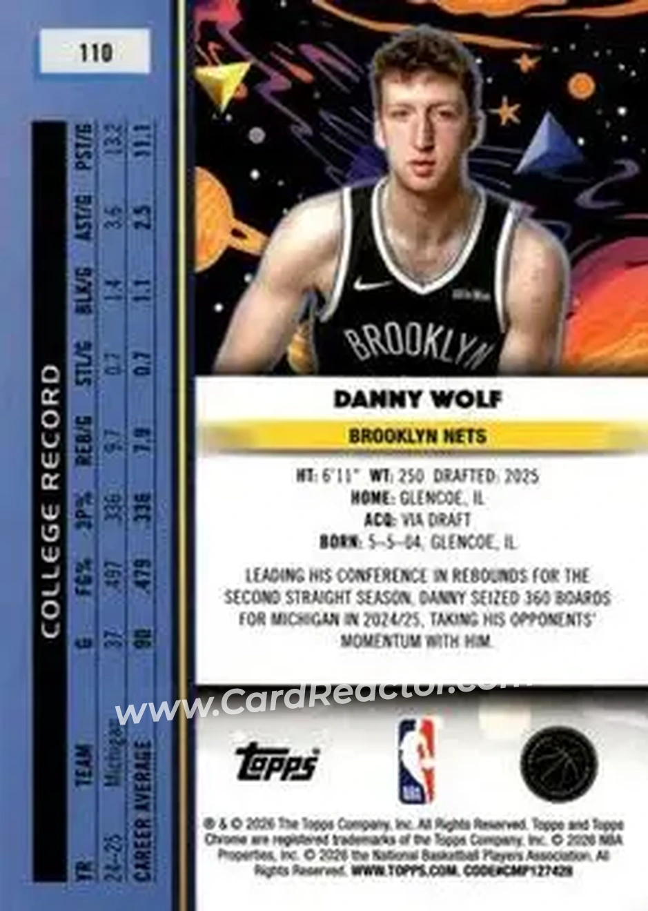 2025-26 Topps Chrome Cosmic #110 - Danny Wolf - Brooklyn Nets - Back 2025-26 Topps Chrome Cosmic #110 - Danny Wolf - Brooklyn Nets - Back