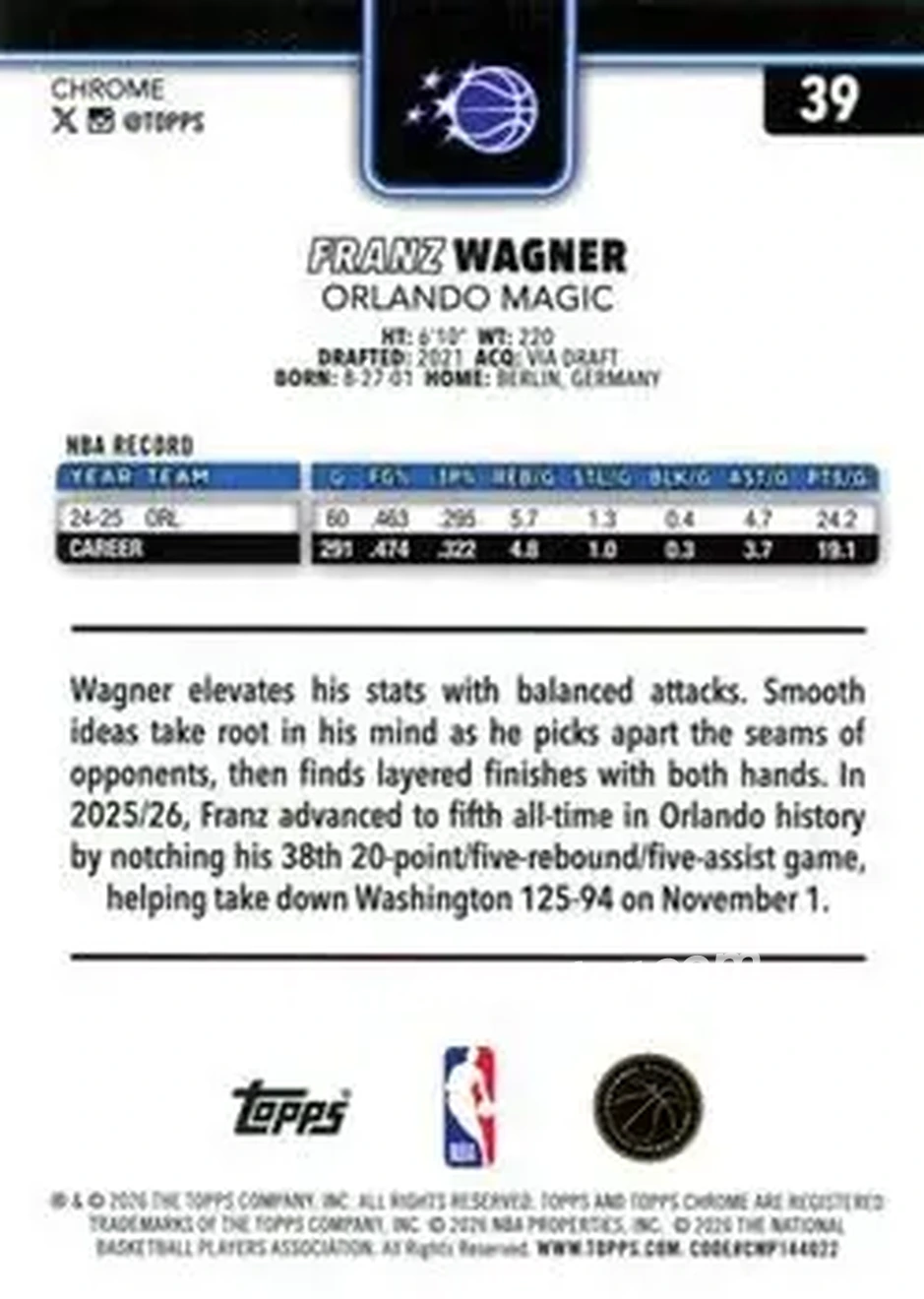 2025-26 Topps Chrome Update #39 - Franz Wagner - Orlando Magic - Back