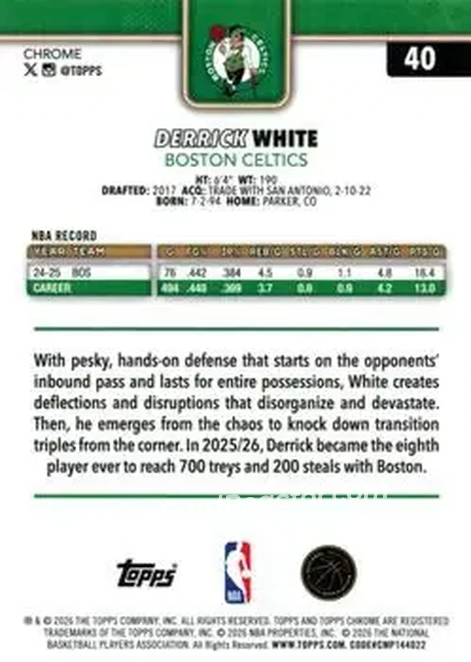2025-26 Topps Chrome Update #40 - Derrick White - Boston Celtics - Back