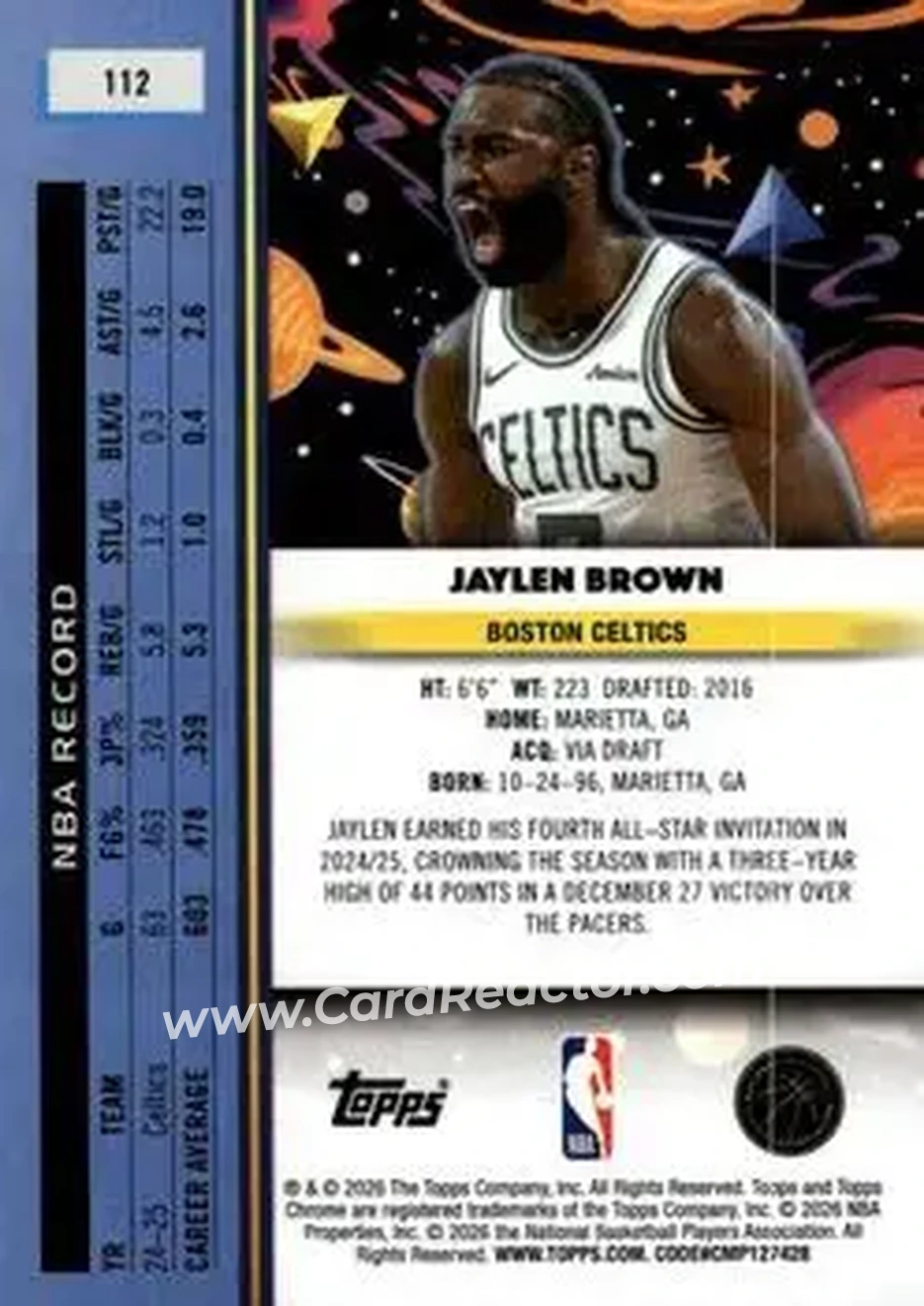2025-26 Topps Chrome Cosmic #112 - Jaylen Brown - Boston Celtics - Back 2025-26 Topps Chrome Cosmic #112 - Jaylen Brown - Boston Celtics - Back
