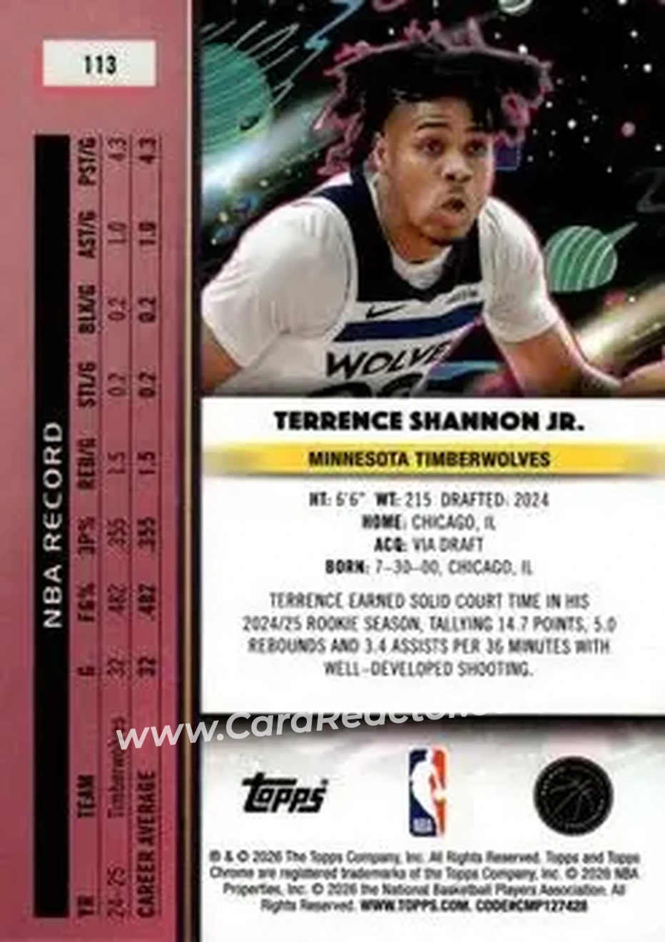 2025-26 Topps Chrome Cosmic #113 - Terrence Shannon Jr. - Minnesota Timberwolves - Back
