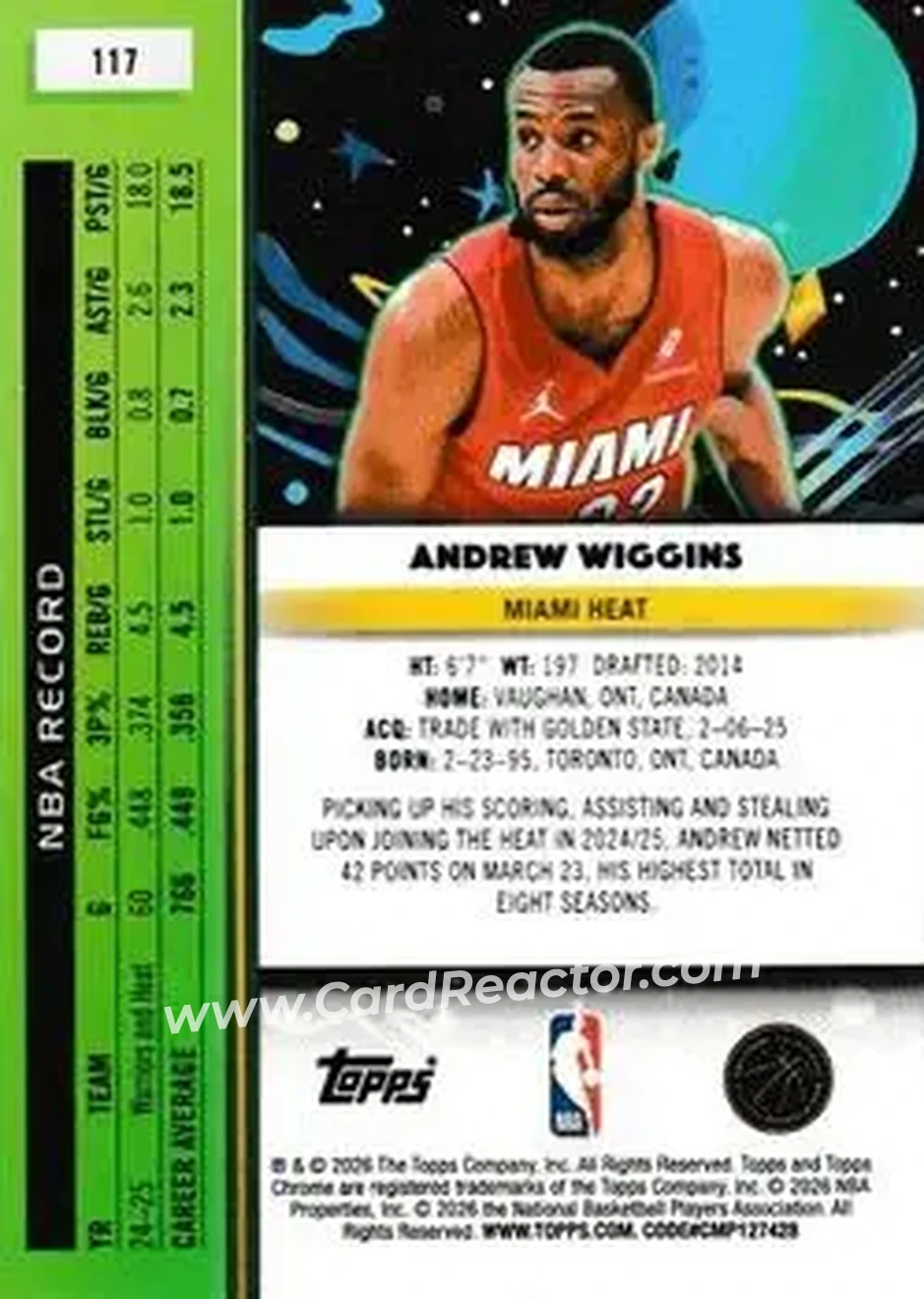 2025-26 Topps Chrome Cosmic #117 - Andrew Wiggins - Miami Heat - Back