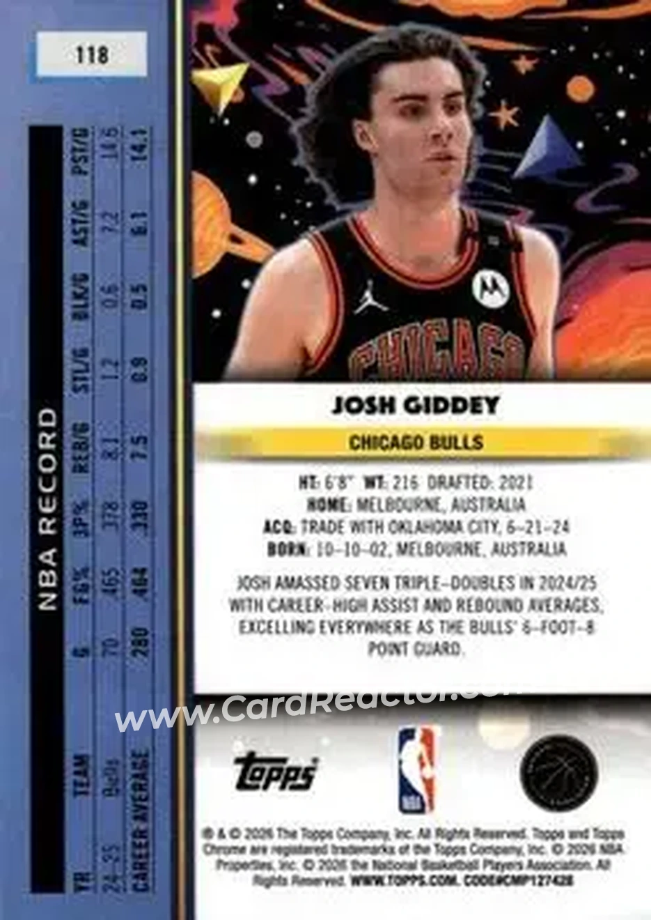 2025-26 Topps Chrome Cosmic #118 - Josh Giddey - Chicago Bulls - Back