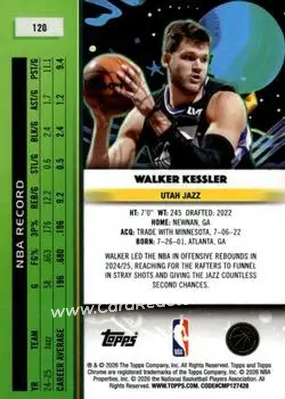 2025-26 Topps Chrome Cosmic #120 - Walker Kessler - Utah Jazz - Back 2025-26 Topps Chrome Cosmic #120 - Walker Kessler - Utah Jazz - Back