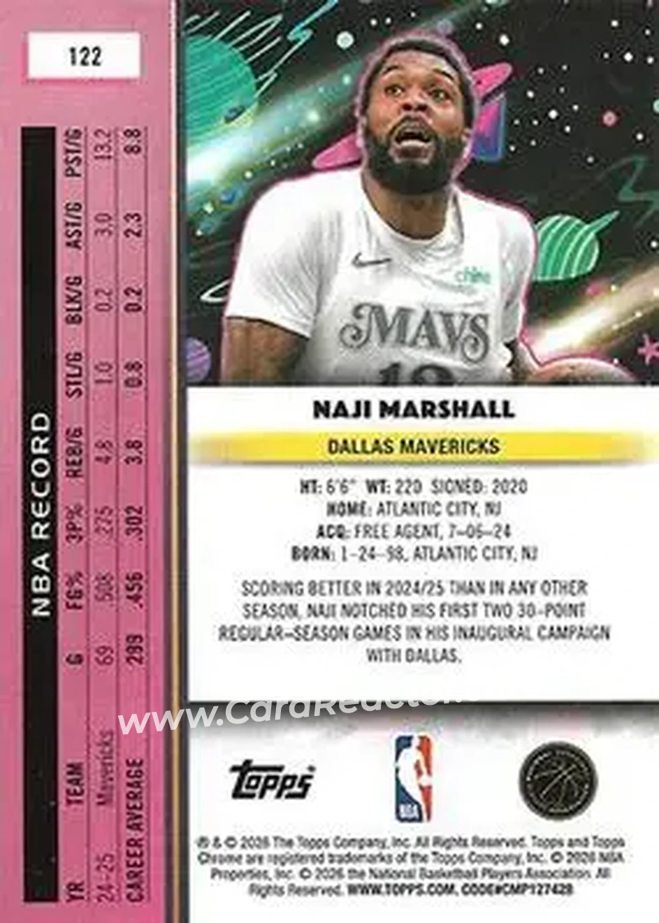 2025-26 Topps Chrome Cosmic #122 - Naji Marshall - Dallas Mavericks - Back