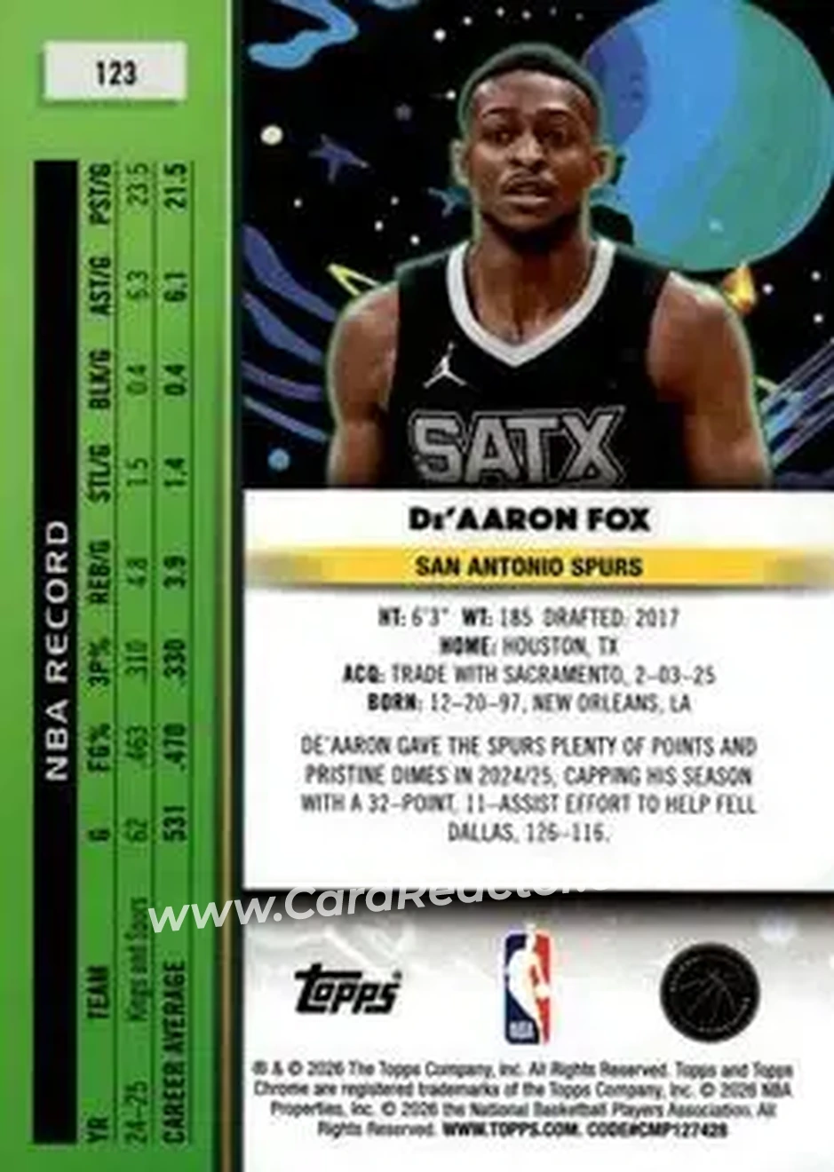 2025-26 Topps Chrome Cosmic #123 - De'Aaron Fox - San Antonio Spurs - Back 2025-26 Topps Chrome Cosmic #123 - De'Aaron Fox - San Antonio Spurs - Back