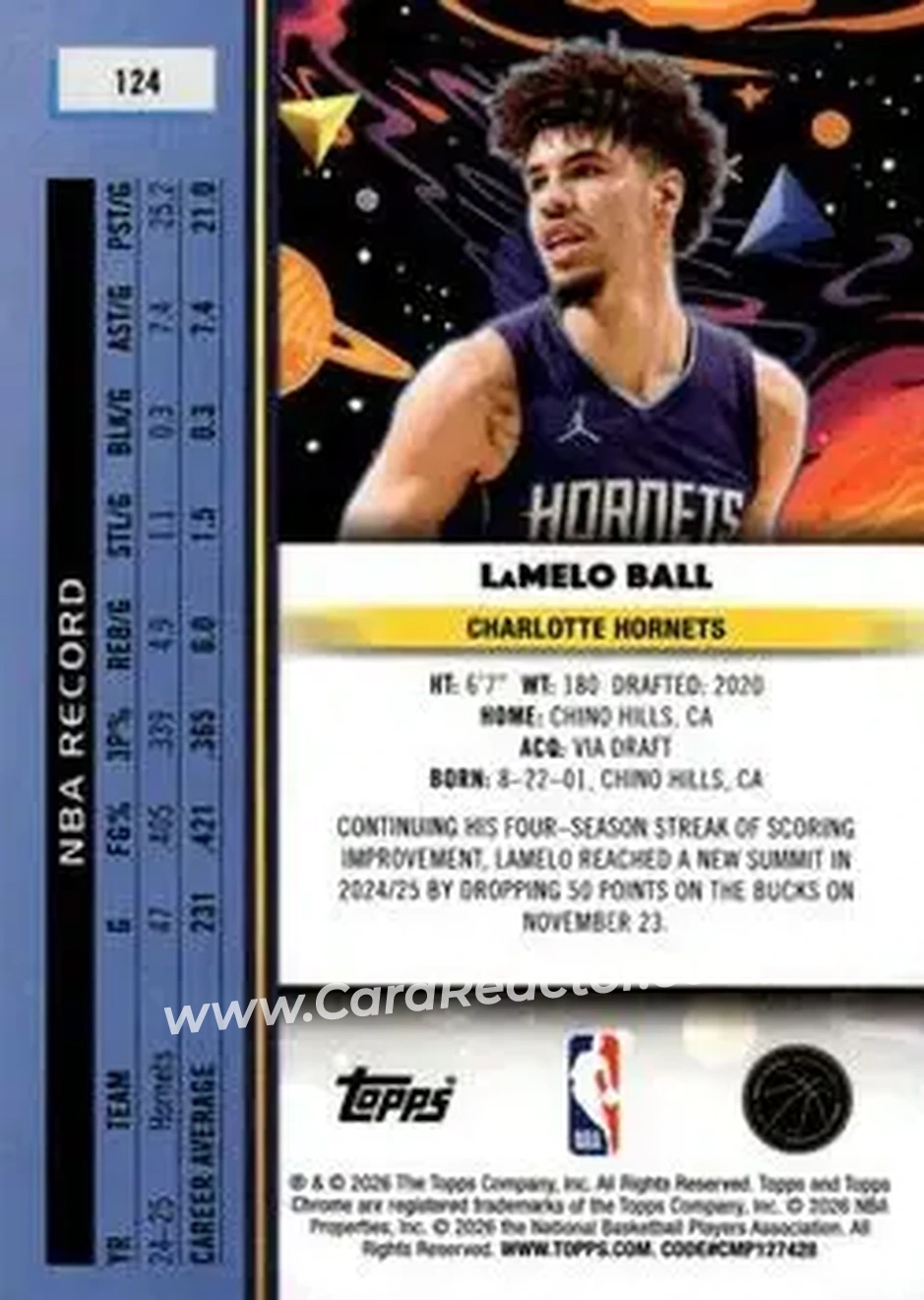 2025-26 Topps Chrome Cosmic #124 - LaMelo Ball - Charlotte Hornets - Back 2025-26 Topps Chrome Cosmic #124 - LaMelo Ball - Charlotte Hornets - Back