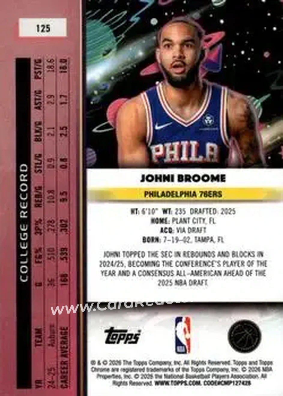 2025-26 Topps Chrome Cosmic #125 - Johni Broome - Philadelphia 76ers - Back