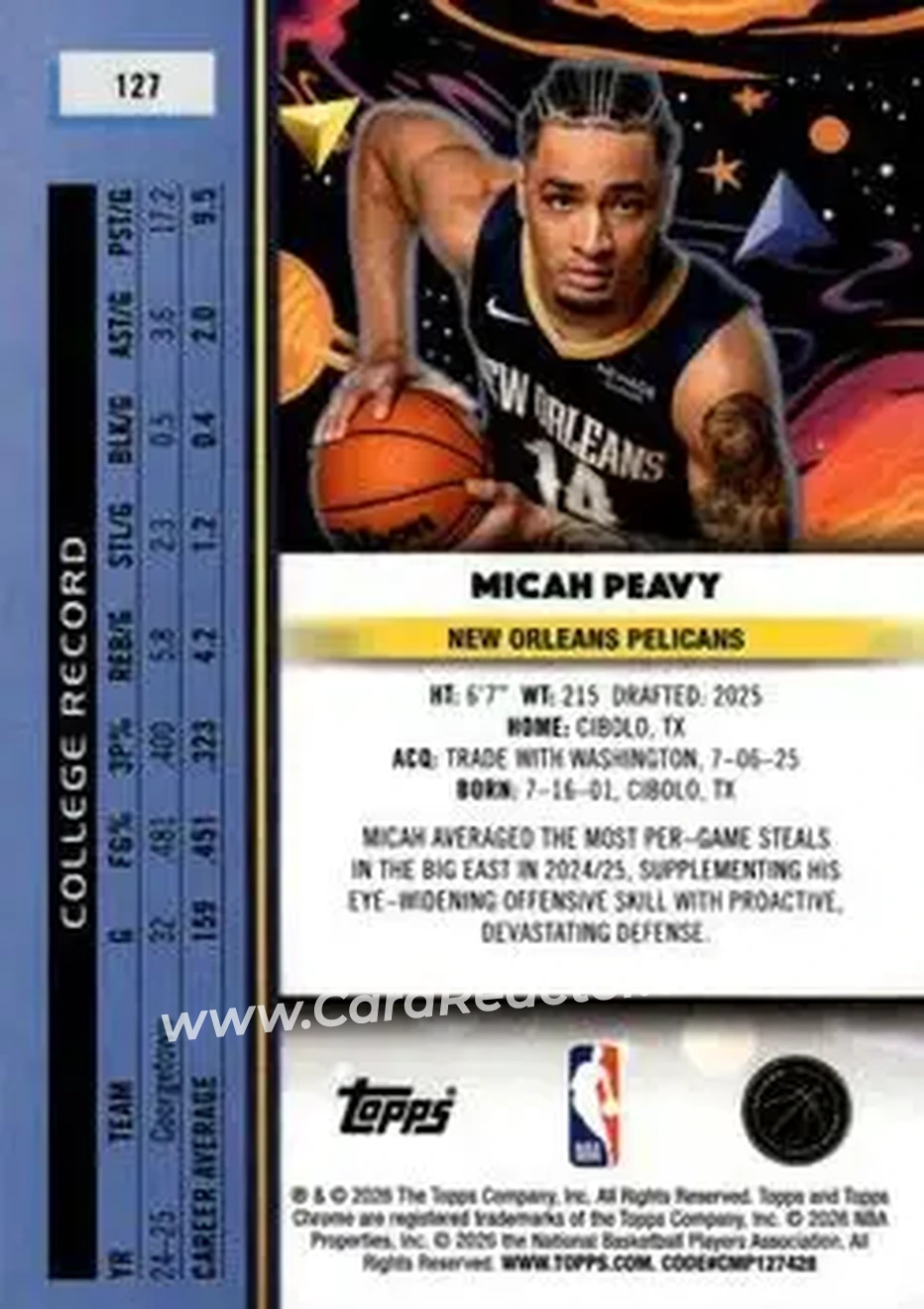 2025-26 Topps Chrome Cosmic #127 - Micah Peavy - New Orleans Pelicans - Back