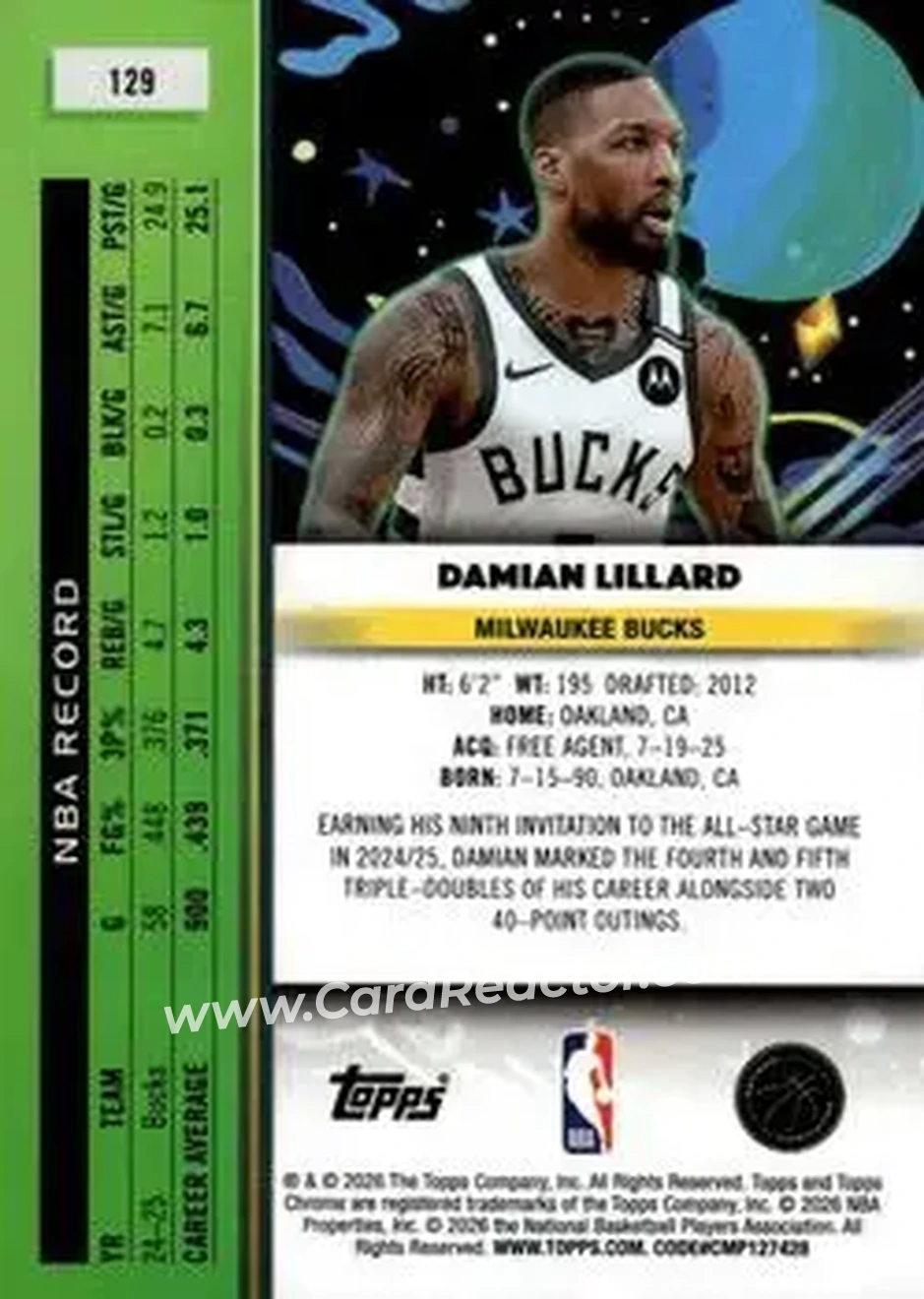2025-26 Topps Chrome Cosmic #129 - Damian Lillard - Milwaukee Bucks - Back