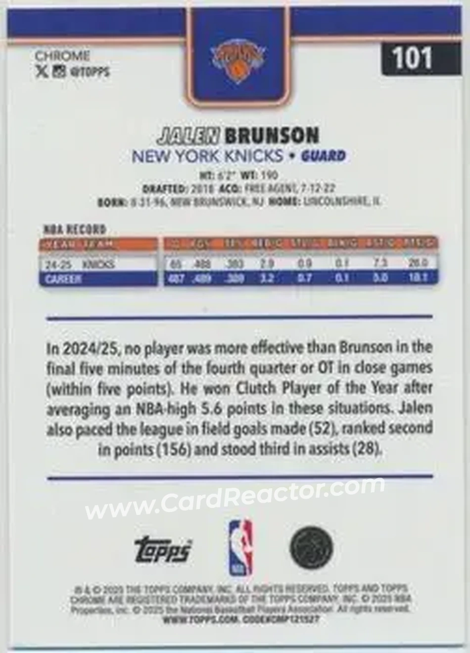 2025-26 Topps Chrome Sapphire Edition #101 - Jalen Brunson - New York Knicks - Back