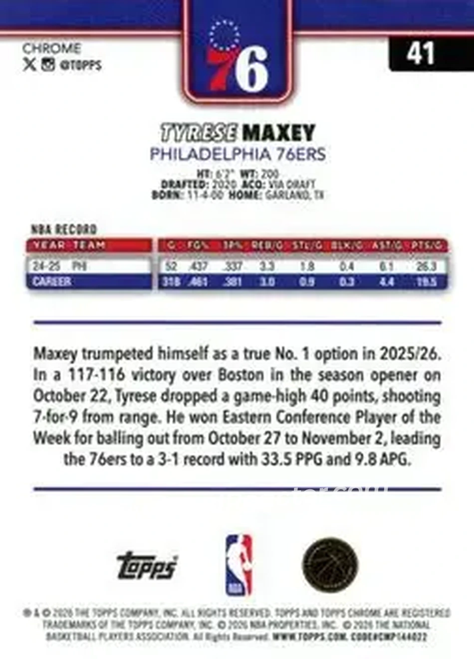 2025-26 Topps Chrome Update #41 - Tyrese Maxey - Philadelphia 76ers - Back 2025-26 Topps Chrome Update #41 - Tyrese Maxey - Philadelphia 76ers - Back
