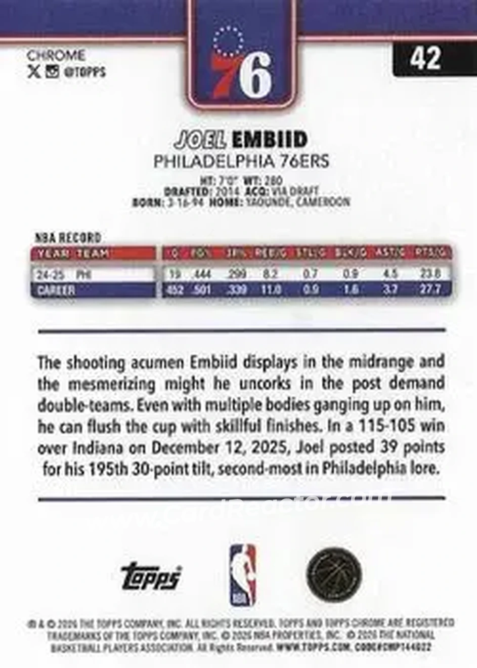 2025-26 Topps Chrome Update #42 - Joel Embiid - Philadelphia 76ers - Back