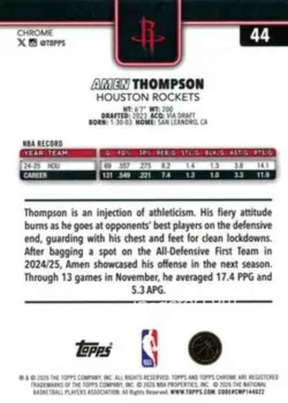 2025-26 Topps Chrome Update #44 - Amen Thompson - Houston Rockets - Back 2025-26 Topps Chrome Update #44 - Amen Thompson - Houston Rockets - Back