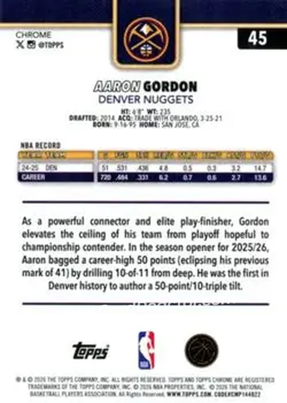 2025-26 Topps Chrome Update #45 - Aaron Gordon - Denver Nuggets - Back