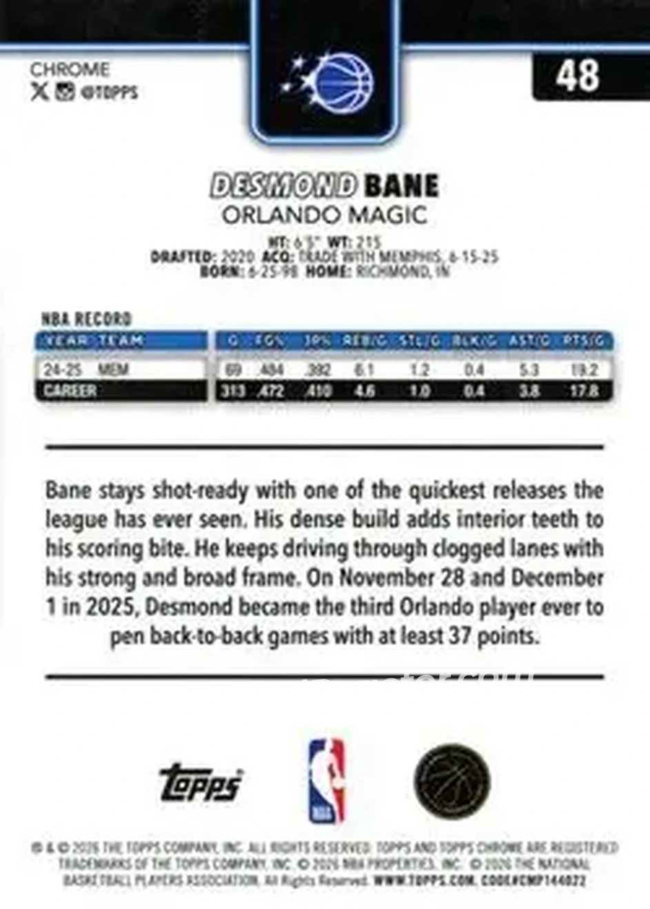 2025-26 Topps Chrome Update #48 - Desmond Bane - Orlando Magic - Back