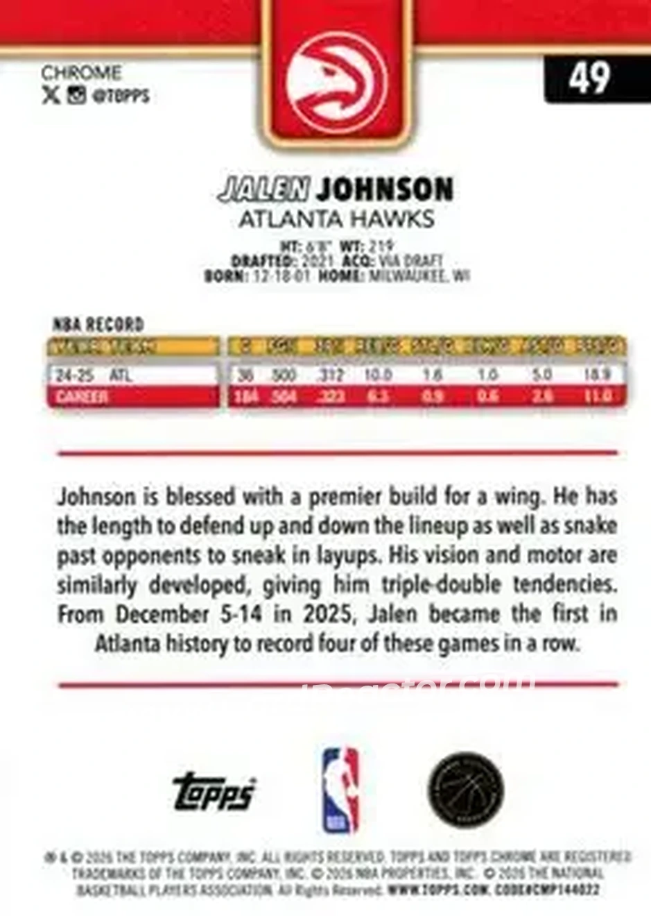 2025-26 Topps Chrome Update #49 - Jalen Johnson - Atlanta Hawks - Back 2025-26 Topps Chrome Update #49 - Jalen Johnson - Atlanta Hawks - Back