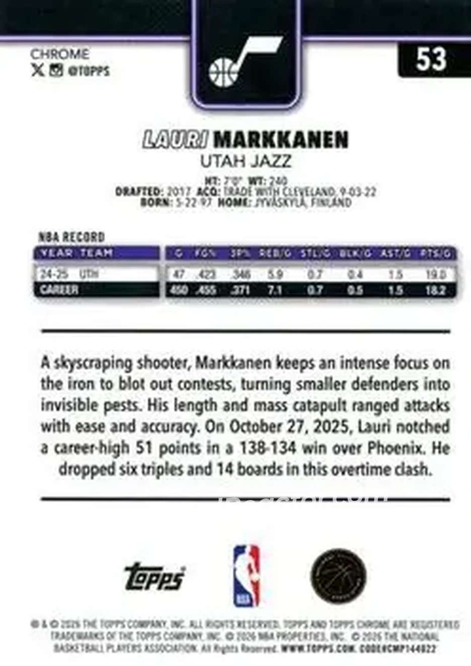 2025-26 Topps Chrome Update #53 - Lauri Markkanen - Utah Jazz - Back 2025-26 Topps Chrome Update #53 - Lauri Markkanen - Utah Jazz - Back