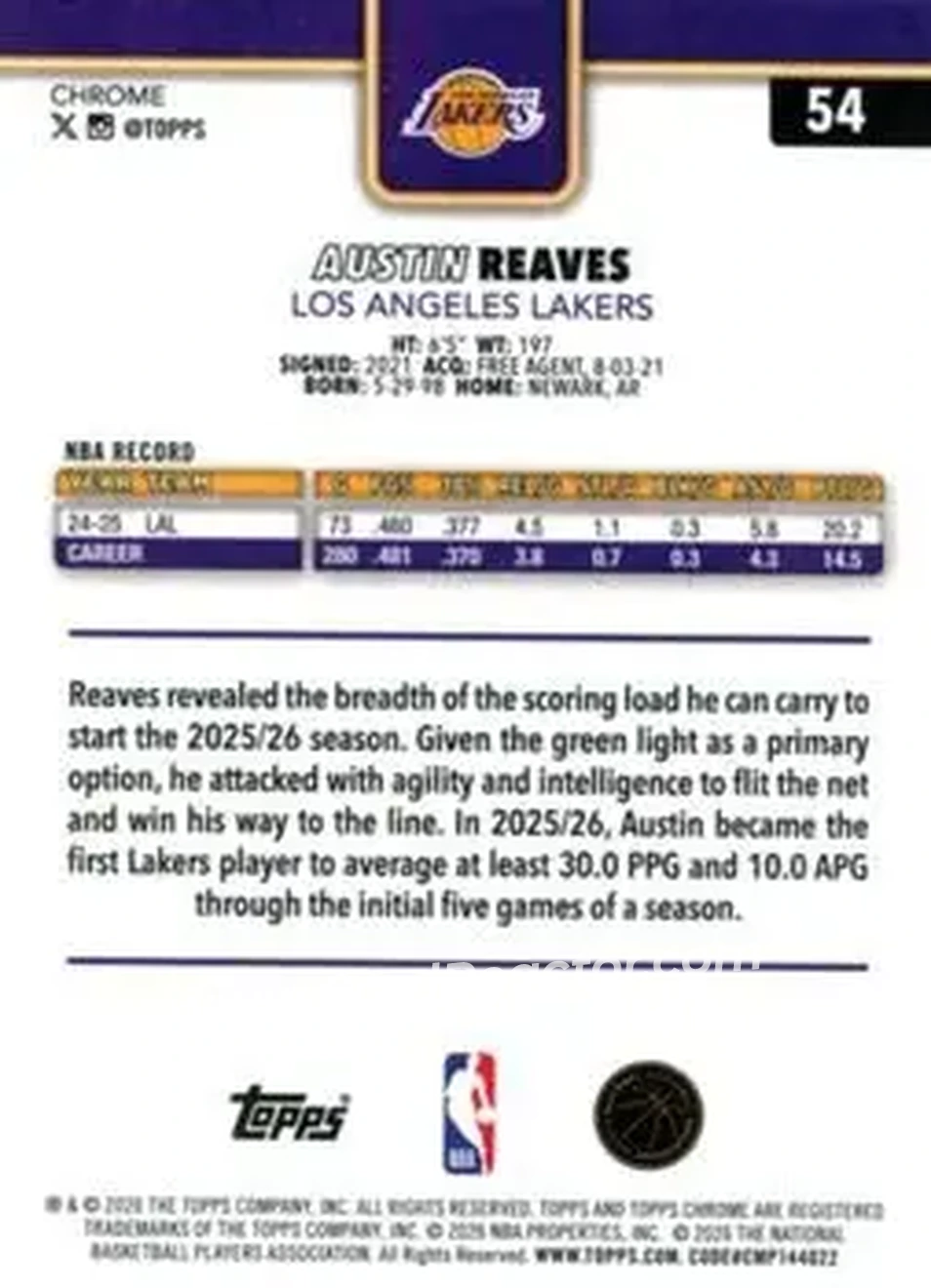 2025-26 Topps Chrome Update #54 - Austin Reaves - Los Angeles Lakers - Back 2025-26 Topps Chrome Update #54 - Austin Reaves - Los Angeles Lakers - Back