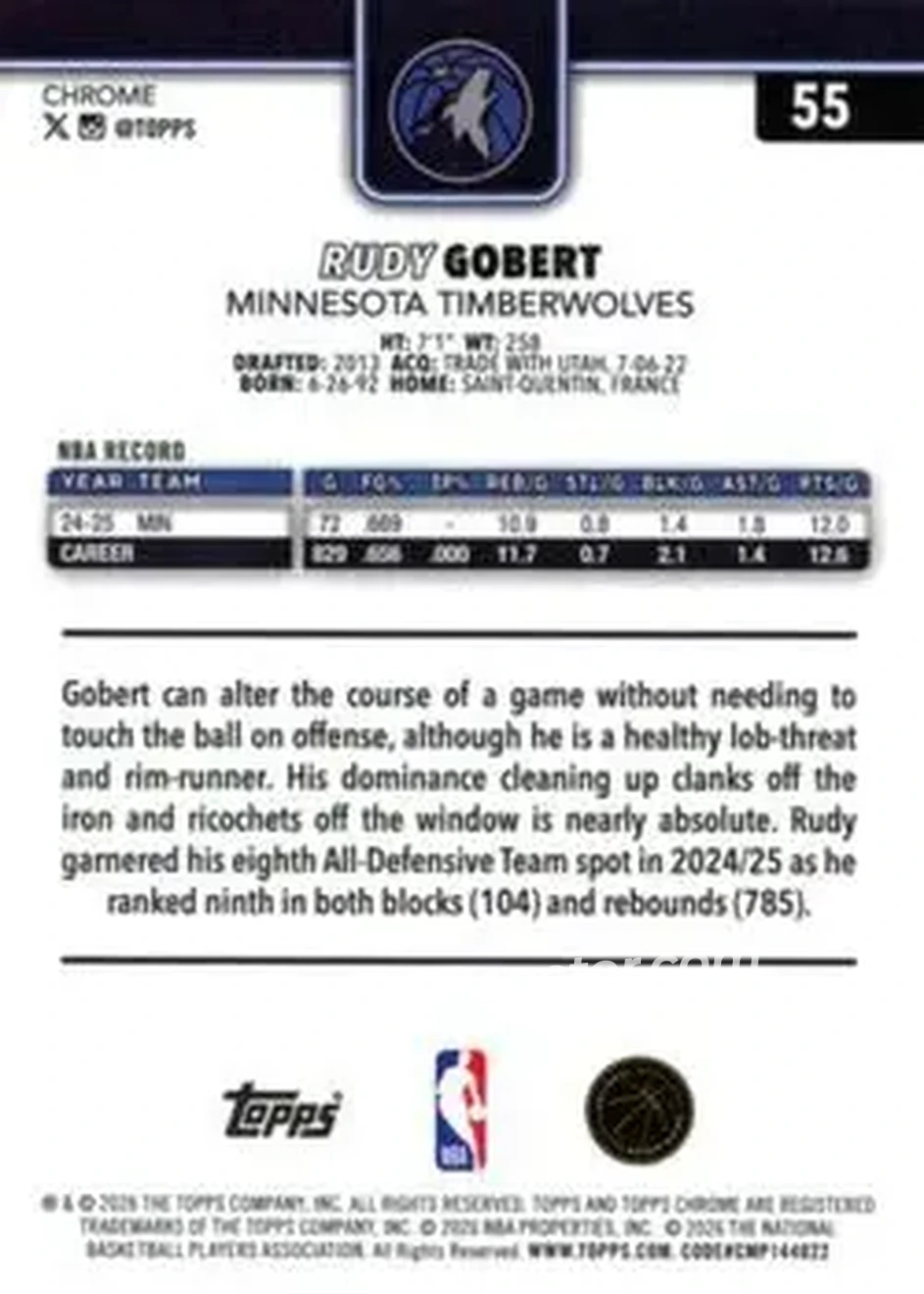 2025-26 Topps Chrome Update #55 - Rudy Gobert - Minnesota Timberwolves - Back 2025-26 Topps Chrome Update #55 - Rudy Gobert - Minnesota Timberwolves - Back