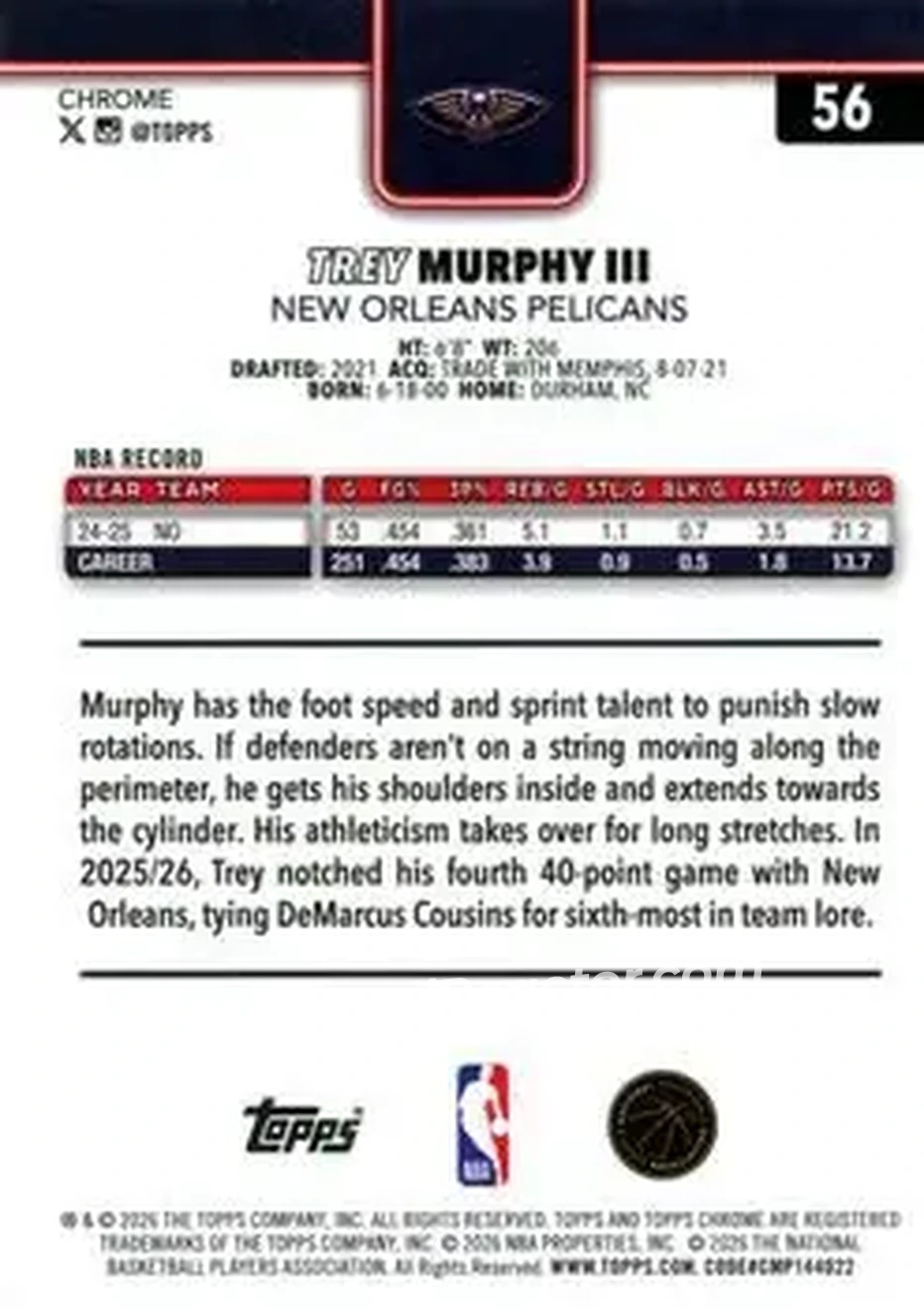 2025-26 Topps Chrome Update #56 - Trey Murphy III - New Orleans Pelicans - Back 2025-26 Topps Chrome Update #56 - Trey Murphy III - New Orleans Pelicans - Back