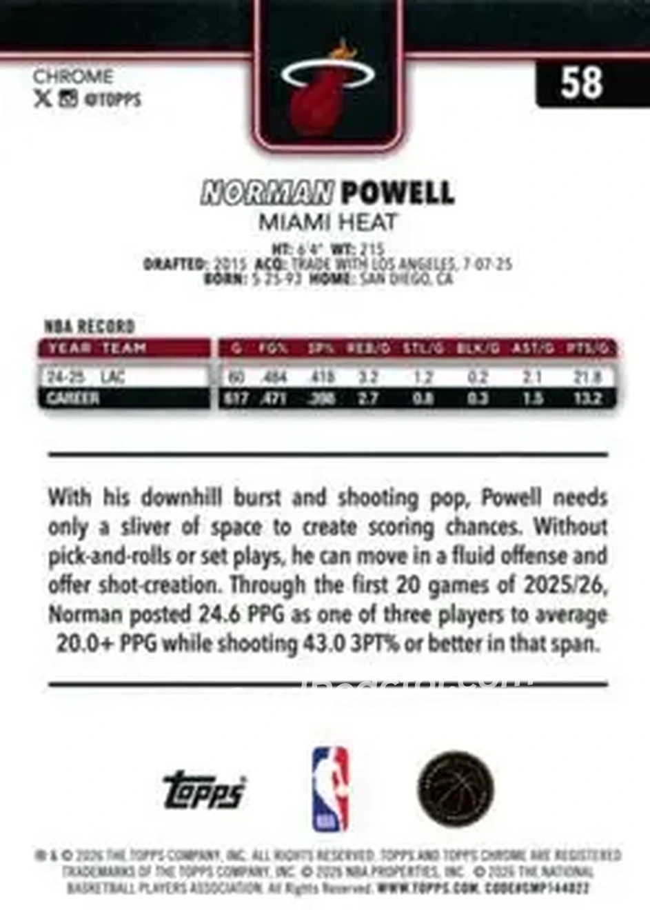 2025-26 Topps Chrome Update #58 - Norman Powell - Miami Heat - Back