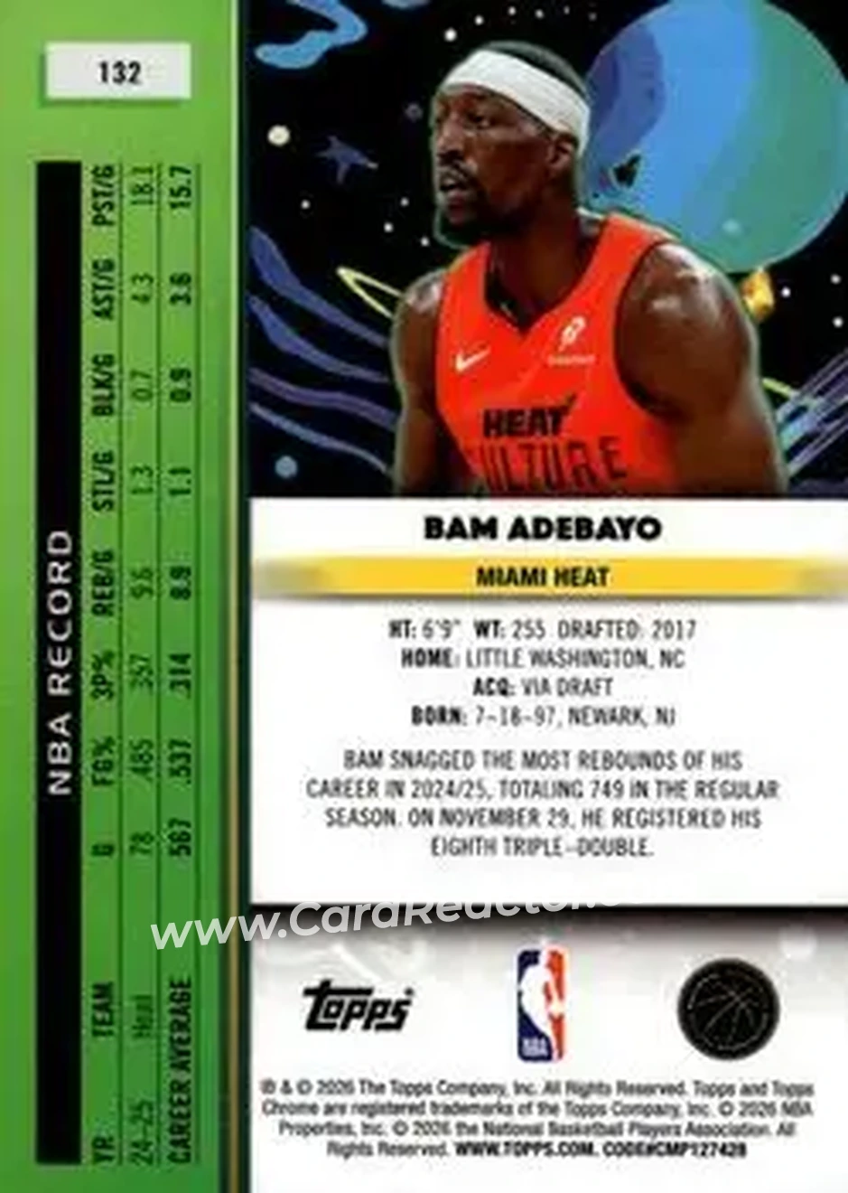 2025-26 Topps Chrome Cosmic #132 - Bam Adebayo - Miami Heat - Back