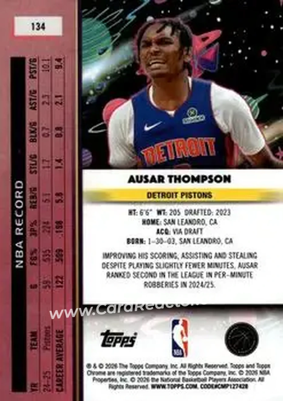 2025-26 Topps Chrome Cosmic #134 - Ausar Thompson - Detroit Pistons - Back