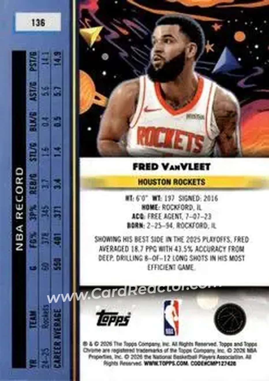 2025-26 Topps Chrome Cosmic #136 - Fred VanVleet - Houston Rockets - Back