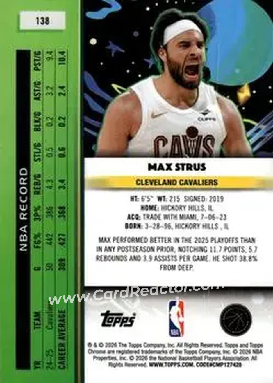 2025-26 Topps Chrome Cosmic #138 - Max Strus - Cleveland Cavaliers - Back 2025-26 Topps Chrome Cosmic #138 - Max Strus - Cleveland Cavaliers - Back