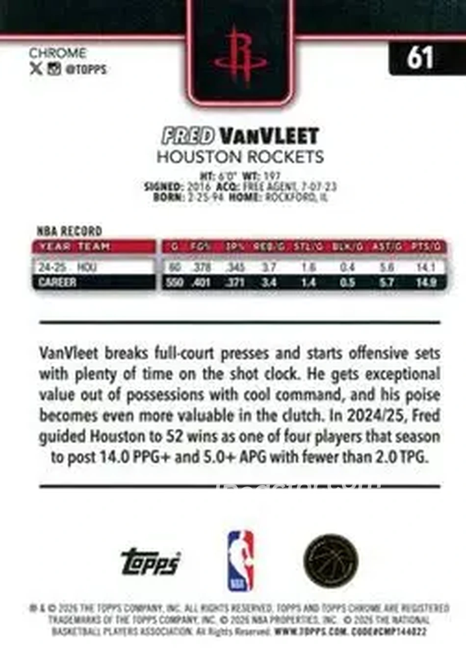 2025-26 Topps Chrome Update #61 - Fred VanVleet - Houston Rockets - Back 2025-26 Topps Chrome Update #61 - Fred VanVleet - Houston Rockets - Back